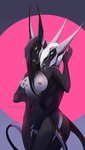 anthro black_body black_sclera breast_grab breasts cyberpunk duo female female/female grope groping_from_behind hand_on_breast licking long_ears nipple_piercing nipples piercing tongue mindmachine acrador_project acrador canid canine canis jackal mammal synth-crador hi_res