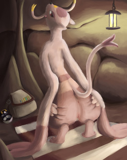 anthro backpack butt cave female genitals lamp nude pokeball solo ultra_ball vulva lazy_amp nintendo pokemon generation_5_pokemon mienshao pokemon_(species)