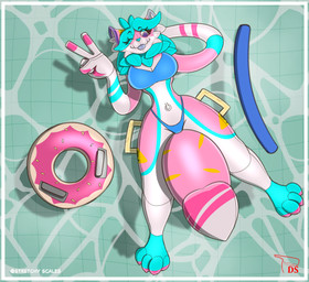 air_valve anthro big_breasts big_tail bikini blue_body blue_border blue_feet blue_hair border breasts clothing detailed_background donut_pool_toy feet female floating floating_on_water glistening glistening_body hair handle handle_bar handles_on_thighs high-angle_view inflatable inflated_tail latex latex_body latex_skin legwear logo looking_at_viewer one_eye_closed paws pink_body pool_noodle pool_toy pool_toy_handle solo swimming_pool swimwear tail text thigh_highs two-piece_swimsuit two_fingers_up water wink winking_at_viewer yellow_body digitalscales derpy_(derpynature) animate_inanimate domestic_cat felid feline felis living_inflatable living_latex mammal absurd_res artist_logo artist_name hi_res signature