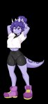 3_horns anthro bottomwear clothing eyelashes female footwear freckles frill_(anatomy) hair hands_behind_head horn long_hair long_tail midriff multi_horn navel ponytail purple_body purple_eyes purple_hair purple_scales scales shoes shorts simple_background slim smile sneakers solo tail transparent_background ather_os cavemanon_studios snoot_game sera_(snoot_game) ceratopsian dinosaur ornithischian prehistoric_species reptile scalie triceratops 2023 alpha_channel digital_drawing_(artwork) digital_media_(artwork) hi_res