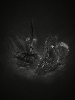 ambiguous_gender anthro black_body black_fur blood bodily_fluids caring duo fatal_wound fur gore holding_head imminent_death impalement simple_background tangerinefox casualties:_unknown canid canine expie_(gunsawian) gunsawian hybrid mammal murid rodent 2026 absurd_res chalk_(artwork) charcoal_(artwork) graphite_(artwork) greyscale hi_res monochrome traditional_media_(artwork)