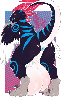 anthro anus balls big_balls butt claws feathers genitals huge_balls hyper hyper_balls hyper_genitalia looking_at_viewer looking_back male penis tail wings omez darastrix_(ihavexboxlive) dinosaur dromaeosaurid prehistoric_species reptile saurischian scalie theropod