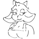 2_horns anthro black_line_art breasts cleavage clothed clothing eyelashes female half-closed_eyes horn medium_breasts narrowed_eyes open_mouth open_smile overalls_only simple_background smile solo three-quarter_view white_background ilovevibri nan_quest nan_(nq) bovid caprine goat mammal 2024 aliasing black_and_white bust_portrait digital_media_(artwork) monochrome portrait