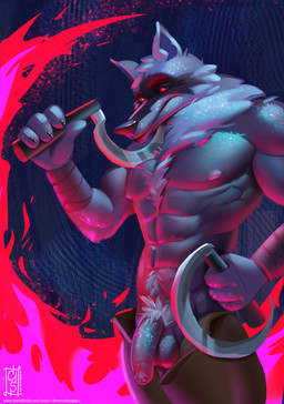 abs anthro arm_wrapping arm_wraps balls biceps body_hair bottomwear casual_exposure cheek_tuft chest_tuft claws clothed clothing dual_wielding facial_markings facial_tuft fire fire_background flaccid fluffy foreskin frown fur fuzzy genitals grey_body grey_fur half-closed_eyes happy_trail head_markings head_tuft holding_object holding_weapon humanoid_genitalia humanoid_penis light looking_at_viewer male markings mask_(marking) muscular muscular_anthro muscular_male narrowed_eyes neck_tuft nipples open_bottomwear open_clothing open_pants pants partially_clothed penis pubes red_eyes shirtless shirtless_anthro shirtless_male sickle solo sparkles sparkling_body sparkling_fur standing tailless topless topless_anthro topless_male tuft weapon wrapped_arms wraps cherryshnapps dreamworks puss_in_boots_(franchise) death_(puss_in_boots) canid canine canis mammal wolf 2025 hi_res lighting