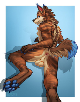 anthro anus balls black_nose blue_claws blue_eyes blue_pawpads brown_body brown_fur claws fangs finger_claws fur genitals glistening glistening_eyes looking_at_viewer male male_anthro mouth_closed nude orange_body orange_fur pawpads perineum rear_view simple_background solo striped_arms striped_legs tan_balls tan_body tan_fur tan_perineum teeth white_background yookie canid canine mammal hi_res