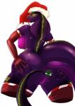 anthro big_breasts breasts butt clothing eyebrows eyelashes female genitals holidays kissing_bough legwear mistletoe nipples non-mammal_breasts plant pussy simple_background snake_hood solo stockings purplepardus christmas qhala cobra reptile scalie snake 2016 digital_media_(artwork) hi_res