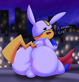 big_butt biped bulge butt city city_background clothing costume detailed_bulge dialogue huge_butt looking_back male night pokemon_speak presenting presenting_hindquarters sitting solo superhero_costume tail tight_clothing tepigfan101 nintendo pokemon pikachu_hero generation_1_pokemon pikachu pokemon_(species) absurd_res hi_res