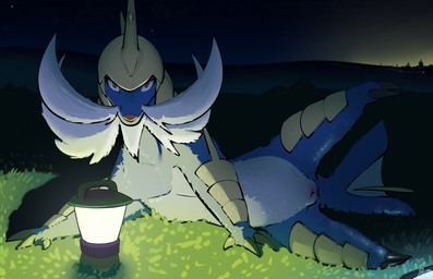 2_toes 3_toes anus blue_body blue_fur cellphone city city_background electronics feet female feral fur genitals grass lamp lantern looking_at_viewer lying night nude on_grass on_ground on_side outside phone plant presenting presenting_vulva raised_leg sky solo star starry_sky tail toes vulva whiskers fizzpop nintendo pokemon generation_5_pokemon pokemon_(species) samurott hi_res signature