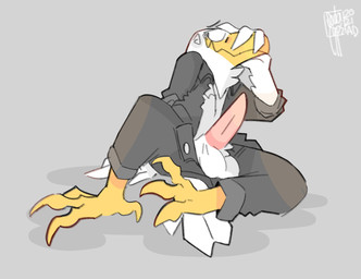 4_toes anisodactyl anthro balls beak biped black_eyebrows black_eyes bottomwear business_suit claws clothed clothing digitigrade embarrassed erection eyebrows feathers feet floating_eyebrows front_view genitals grey_background hand_on_beak male non-mammal_balls partially_clothed penis scutes shadow simple_background solo suit talons tapering_penis toe_claws toes topwear white_body white_feathers yellow_beak yellow_claws sodacaps ellis_(ellistheeagle) accipitrid accipitriform avian bald_eagle bird eagle sea_eagle 2021 dated digital_media_(artwork) hi_res shaded signature
