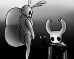 2_horns 5_fingers ambiguous_gender antennae_(anatomy) biped black_body black_eyes cloak clothing duo eyebrows fingers horn pose side_view sparkles standing text white_head white_text skeletorskeletonized hollow_knight team_cherry bretta_(hollow_knight) the_knight_(hollow_knight) arthropod beetle insect vessel_(species) 2020 5:4 digital_media_(artwork) english_text greyscale hi_res monochrome female_(lore) nonbinary_(lore)