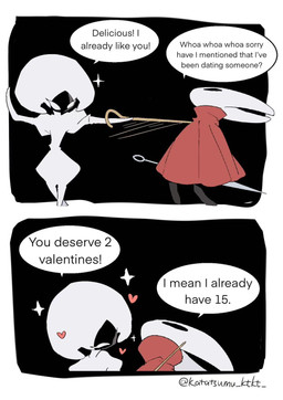 anthro biped black_body black_eyes cloak clothing dialogue duo empty_eyes eye_contact female female/female female_anthro female_humanoid flirting heart_symbol holding_melee_weapon holding_object holding_sword holding_weapon hornet's_needle looking_at_another melee_weapon mouthless red_cloak red_clothing sparkles speech_bubble sword talking_to_another text weapon white_body white_eyes katatsumu_ktkt hollow_knight:_silksong hollow_knight_(franchise) team_cherry hornet_(hollow_knight) lace_(hollow_knight:_silksong) arthropod humanoid 2026 comic digital_drawing_(artwork) digital_media_(artwork) english_text hi_res signature