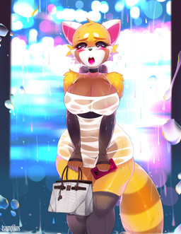 anthro big_breasts breasts cleavage clothed clothing countershading dress female looking_at_viewer nipples_visible_through_clothing raining solo standing thick_thighs tight_clothing wet wet_clothing wide_hips tsampikos aggretsuko sanrio retsuko ailurid mammal red_panda absurd_res digital_media_(artwork) hi_res shaded