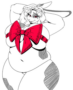 anthro bedroom_eyes big_breasts bow_accessory bow_ribbon breasts buckteeth female fur hair hands_behind_head huge_breasts looking_at_viewer markings narrowed_eyes navel open_mouth overweight overweight_anthro overweight_female red_eyes seductive solo spots spotted_body spotted_fur teeth thick_thighs loansharkmann coda_(vn) claire_whitney_(coda) lagomorph leporid mammal rabbit hi_res