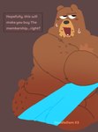 anthro belly bodily_fluids brown_body brown_fur butt dialogue eyebrows fur male nude open_mouth open_smile overweight overweight_anthro overweight_male simple_background smile solo sweat tail talking_to_viewer tan_body tan_fur teeth text thick_thighs towel rusty_forks duolingo falstaff_(duolingo) bear mammal 2023 digital_media_(artwork) english_text hi_res