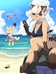 anthro bag beach bikini blonde_hair blue_eyes blue_sky blush blush_lines bottomwear breasts brown_body brown_fur cellphone clothed clothed_anthro clothed_female clothing cloud day dipstick_ears dipstick_tail duo_focus ear_markings electronics eyebrow_through_hair eyebrows eyelashes eyes_closed female female_anthro fur gloves_(marking) grin group hair half-closed_eyes holding_cellphone holding_object holding_phone holding_smartphone kemono leg_markings looking_at_viewer markings multicolored_ears narrowed_eyes open_mouth open_smile phone ponytail raised_arm rock sand sarong sea seaside sharp_teeth sitting skirt sky smartphone smile socks_(marking) standing swimwear tail tail_markings teeth thick_eyebrows translucent translucent_hair two-piece_swimsuit water wave white_body white_fur yellow_body yellow_fur kame_3 rin-chan_(kame_3) yun-chan_(kame_3) ambient_arthropod ambient_crustacean ambient_hermit_crab ambient_sealife arthropod asterozoan canid canine crustacean echinoderm fish fox hermit_crab malacostracan mammal marine raccoon_dog red_fox shark starfish tanuki true_fox 2020 absurd_res hi_res signature