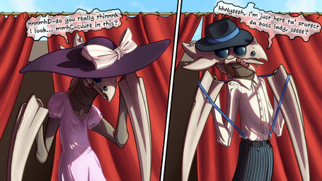 ambiguous_gender big_hat bow_ribbon claws clothed clothing collared_shirt costume crossdressing curtains dialogue dress dress_shirt fedora feral glistening glistening_eyes hat headgear headwear mandibles multi_eye outside scales shirt solo speech_bubble suit_pants sun_hat sundress suspenders text topwear two_panel_image ventral_scales badday_(artist) out-of-placers kalgkur baxxid 16:9 english_text hi_res widescreen male_(lore)