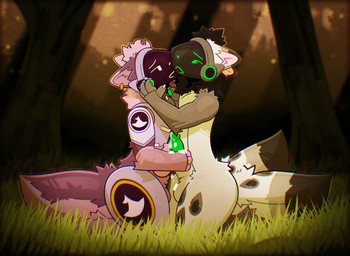 2_tails anthro anthro_on_anthro bodily_fluids cum duo ejaculation forest frottage fur genital_fluids genitals machine male male/male multi_tail penile penis penises_touching plant sex tail tree lakkithefox magus_(magusproto) zimwawa protogen absurd_res hi_res