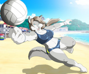 anthro athletic athletic_anthro athletic_female ball barefoot beach breasts brown_hair cleavage clothed clothing feet female fur grey_body grey_fur hair long_hair multicolored_body multicolored_fur navel open_mouth reaching seaside solo sport swimwear two_tone_body two_tone_fur volleyball volleyball_(ball) white_body white_fur wristband xxsparcoxx sophia_(xxsparcoxx) canid canine canis mammal wolf 2015
