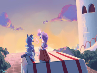 blue_body blue_feathers blue_hair castle dessert duo feathered_wings feathers female food hair horn ice_cream long_hair sunset white_body white_feathers wings swomswom friendship_is_magic hasbro my_little_pony mythology princess_celestia_(mlp) princess_luna_(mlp) equid equine mammal mythological_creature mythological_equine winged_unicorn 2012 4:3 sibling_(lore) sister_(lore) sisters_(lore)