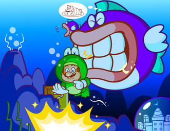 ?_block block bubble castle emanata eyes_closed group interrobang item_box open_mouth purple_body purple_scales scales swimming underwater water white_body white_scales jamesmantheregenold mario_bros nintendo super_mario_bros._3 frog_mario luigi mario aquatic cheep_chomp fish human mammal hi_res brother_(lore) brothers_(lore) sibling_(lore) twins_(lore)