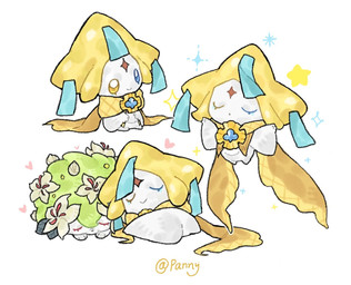 ambiguous_gender blue_eyes duo eyes_closed feral flower_(anatomy) heart_symbol heterochromia lying on_front paws simple_background smile solo sparkles star_symbol white_body yellow_eyes pannypuppy nintendo pokemon generation_3_pokemon generation_4_pokemon humanoid jirachi land_forme_shaymin legendary_pokemon pokemon_(species) shaymin 2026 hi_res signature