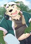 anthro belly blush electronics eyebrows fur green_body green_eyes green_fur headphones headphones_around_neck male navel one_eye_closed overweight solo thick_eyebrows wink nazebesu_hobby lifewonders live_a_hero mokdai canid canine canis domestic_dog mammal hi_res