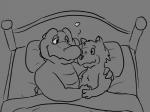 bed bedroom bogosphere duo furniture happy heart_symbol male male/male on_bed romantic romantic_couple under_covers gator_(artist) canid canine mammal rex_(disambiguation) 4:3 line_art monochrome