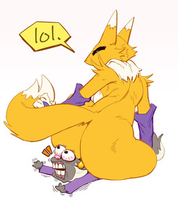 anthro arm_warmers armwear big_butt black_body black_fur bloodshot_eyes breasts bulging_eyes butt clothing duo female fluffy fluffy_tail fur larger_female male multicolored_body multicolored_fur nude sitting_on_another size_difference smaller_male tail two_tone_body two_tone_fur white_body white_fur yellow_body yellow_fur iamapoliceman bandai_namco digimon hasbro digimon_(species) mammal mephitid renamon skunk flat_colors hi_res