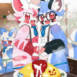 anthro blue_body blue_fur blush bodily_fluids clothing cum cum_on_food cumming_at_viewer eyewear food fur genital_fluids genitals glasses group male male/male masturbation penis pink_body pink_fur sweat sweatdrop tongue tongue_out trio underwear wearing_glasses white_body white_fur dinogaize 1:1 hi_res