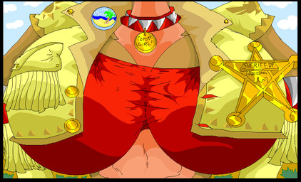 anthro big_breasts breasts brown_body brown_fur clothing collar female fur gloves handwear jacket multicolored_body multicolored_fur sheriff sheriff_badge solo text topwear two_tone_body two_tone_fur virus-20 june_coyote canid canine canis coyote mammal 2007 digital_media_(artwork) english_text