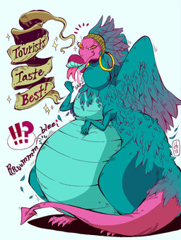 belly big_belly blue_background blue_body blue_feathers clothing feathered_wings feathers female female_pred group neck_bulge onomatopoeia oral_vore overweight simple_background sound_effects text vore wings d._e._belton bruna_(d.e.belton) avian monster 2015 english_text