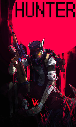 ambiguous_gender anthro armband backlighting backpack bandage bandaged_arm bottomwear claws clothed clothing crouching cybernetic_leg cybernetic_limb detailed_background digitigrade furgonomic_headwear furgonomics gas_mask grass gun hat headgear headwear holding_gun holding_object holding_ranged_weapon holding_rifle holding_weapon light mask missing_ear pants plant ranged_weapon rifle scope shirt solo text topwear vest weapon red_nomad project_silverfish inheritor lizard reptile scalie 2025 3:5 english_text hi_res lighting shaded