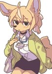 ahoge anthro big_ears blonde_hair blush breasts clothed clothing dress_shirt female fur hair handbag high-angle_view id_card jacket kemono lanyard looking_at_viewer ponytail pouting shirt simple_background sitting smile solo topwear unimpressed white_background yellow_body yellow_fur yagi_the_goat canid canine fennec_fox fox mammal true_fox hi_res