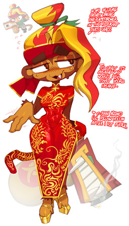 4_fingers anthro asian_clothing bodily_fluids brown_body brown_eyes brown_fur chinese_clothing chinese_dress clothing dialogue dishonesty dress east_asian_clothing fangs female fingers flamethrower footwear fur furgonomics hair hair_bun high_heels looking_away ranged_weapon shoes simple_background smoke solo sweat sweatdrop tail tail_clothing teeth text tight_clothing tight_dress weapon white_background goatboydraws bloons_tower_defense ninja_kiwi gwendolin_(bloons) haplorhine mammal monkey primate english_text hi_res