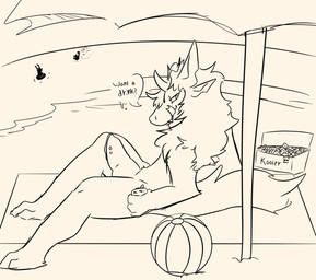 alcohol anthro ball beach_ball bedroom_eyes beverage cooler dialogue erection genital_piercing genitals inflatable ladder_piercing lying_on_ground lying_on_towel male narrowed_eyes offering_sex offering_to_viewer on_ground parasol penis penis_piercing piercing presenting presenting_penis questioning seductive smug smug_expression smug_eyes smug_face smug_grin solo speech_bubble axxelroze axxel_(axxelroze) zeuclid hi_res