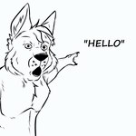 anthro claws finger_claws fur gesture greeting hand_gesture looking_at_viewer male open_mouth pointing pointy_ears prick_ears solo text undeadsparrow soyjak two_soyjaks_pointing canid canine canis mammal wolf 1:1 2023 english_text half-length_portrait line_art meme monochrome portrait