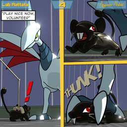 ambiguous_gender beak captured clothing dialogue dialogue_box duo exclamation_point feet feral latex latex_clothing latex_skinsuit onomatopoeia open_mouth page_number red_eyes scared size_difference skinsuit sound_effects spread_wings stomping tail talons text tight_clothing toes wings yellow_eyes aquinas_audax blender_eevee nintendo pokemon avian bird generation_1_pokemon generation_2_pokemon mammal murid murine pokemon_(species) rat rattata rodent skarmory 1:1 3d_(artwork) absurd_res blender_(artwork) comic digital_media_(artwork) english_text hi_res signature