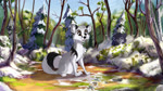 ambiguous_gender black_nose day detailed_background duo female female/ambiguous feral feral_on_feral fluffy fluffy_tail forest fur grey_body grey_fur kissing moss outside paws plant sitting smile snow tail tree white_body white_fur yellow_eyes tuwka hioshiru_(character) kej_(kejifox) canid canine enfield fox mammal 16:9 2019 animated digital_media_(artwork) frame_by_frame hi_res no_sound short_playtime webm widescreen