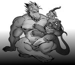 2_penises anthro biceps big_penis duo genital_piercing genitals horn huge_penis male male/male multi_genitalia multi_penis muscular muscular_anthro penis penis_piercing piercing prince_albert_piercing size_difference tail ncend1o mythology dragon kobold mythological_creature mythological_scalie reptile scalie digital_media_(artwork) hi_res monochrome