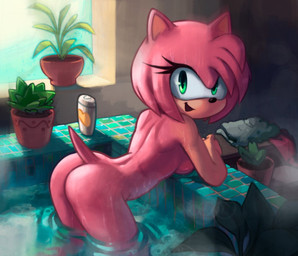 anthro bath black_nose breasts butt countershading eyelashes female fur green_eyes hair head_tuft humanoid_hands looking_at_viewer nude open_mouth open_smile pink_body pink_ears pink_fur pink_hair pink_tail plant plant_pot potted_plant pupils raised_tail rear_view shampoo shampoo_bottle short_tail side_boob smile solo tail tan_body tan_countershading tan_inner_ear tan_skin towel tuft water wet aoncyth sega sonic_the_hedgehog_(series) amy_rose eulipotyphlan hedgehog mammal 2023