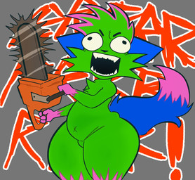 angry anthro big_butt black_eyes black_nose blue_ears blue_tail butt chainsaw cross-eyed exclamation_point featureless_crotch fur green_body green_fur green_hair grey_background hair holding_chainsaw holding_melee_weapon holding_object holding_power_tool holding_tool holding_weapon male melee_weapon multicolored_body multicolored_fur multicolored_hair navel pink_body pink_fur pink_hair pink_tail pose power_tool screaming sharp_teeth simple_background solo standing tail teeth text thick_thighs tools two_tone_body two_tone_fur two_tone_hair two_tone_tail weapon x_navel awakecore don't_touch_my_pizza_(meme) nyanwolf kevin_(nyanwolf) domestic_cat felid feline felis mammal 2025 digital_media_(artwork) hi_res