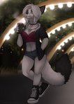 anthro beverage black_body black_fur blue_eyes breasts claws clothed clothing coffee coffee_cup collar container cup detailed_background female fluffy fluffy_tail fur hair holding_object multicolored_body multicolored_fur partially_clothed smile solo tail two_tone_body two_tone_fur white_body white_fur white_hair tashalisets tasha_lisets canid canine fox mammal hi_res