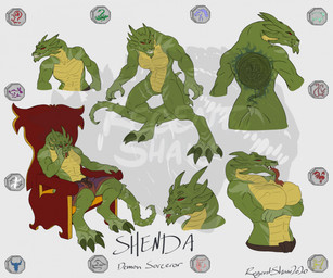 anthro big_breasts bottomwear breasts chair clothing crossgender female furniture green_body green_scales male mtf_crossgender multicolored_body multicolored_scales muscular muscular_female muscular_male nipples non-mammal_breasts red_eyes scales sitting solo talisman throne tongue tongue_out two_tone_body two_tone_scales ventral_scales yellow_body yellow_scales kaijucryptid jackie_chan_adventures mythology shendu demon dragon mythological_creature mythological_scalie scalie 2021 digital_media_(artwork) hi_res model_sheet