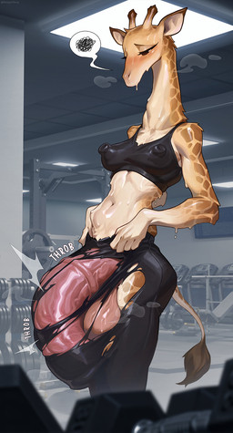 animal_genitalia animal_penis anthro balls big_balls big_penis blush bottomwear breasts clothed clothed_anthro clothed_gynomorph clothed_intersex clothing equine_genitalia equine_penis erect_nipples fingers genitals glistening glistening_genitalia glistening_penis gym gynomorph gynomorph_anthro horn huge_penis hyper hyper_genitalia hyper_penis intersex intersex_anthro medium_breasts navel nipple_outline nipples ossicone penis solo tail tail_tuft throbbing throbbing_penis torn_bottomwear torn_clothing tuft wardrobe_malfunction reagan_long giraffe giraffid mammal 2025 digital_media_(artwork) hi_res