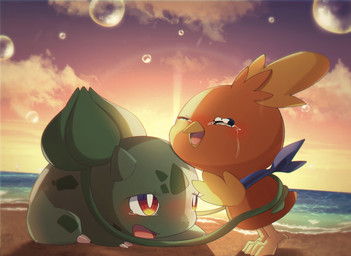 ambiguous_gender backlighting beach beak blue_scarf blush bodily_fluids bubble claws cloud crying duo eyes_closed feral finger_claws head_crest hug light looking_at_another open_mouth orange_eyes outside plant scarf seaside shadow sky sunset tears toe_claws vines water natadeko_kitsune nintendo pokemon pokemon_mystery_dungeon spike_chunsoft avian bulbasaur elemental_creature flora_fauna generation_1_pokemon generation_3_pokemon pokemon_(species) torchic absurd_res hi_res lighting shaded