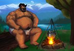 anthro beard belly bodily_fluids brown_body brown_fur bulge campfire clothing cowboy_hat detailed_background facial_hair fire fur hat headgear headwear male mature_male moobs moon mountain nipples obese obese_male outside overweight overweight_male plant sitting solo sweat tree underwear water wet wet_body shibadoodles scruffy_(scruffybeast) bear mammal 2021 absurd_res hi_res