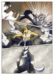 abs after_fight anthro athletic athletic_male border clothed clothing coughing_blood debris duo dust fight male sigh topless unconscious white_border juniorjosi shaesullivan_(artist) nintendo pokemon wepawet eeveelution generation_1_pokemon generation_4_pokemon jolteon lucario pokemon_(species) comic hi_res