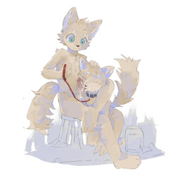 3_toes 5_fingers anthro anthro_on_anthro arm_support arm_tuft balls black_collar black_nose blue_penis bodily_fluids chest_tuft collar container cum cum_on_face cum_on_penis duo ear_tuft elbow_tuft erection eyebrows eyes_closed facial_tuft feet fingers fluffy fluffy_tail fur genital_fluids genitals green_eyes headpat holding_leash holding_object humanoid_genitalia humanoid_penis inner_ear_fluff jar kneeling leash licking licking_cum looking_at_another male male/male nude_anthro nude_male oral penile penis penis_lick red_leash sex shoulder_tuft simple_background sitting smile tail toes tongue tongue_out tuft white_background white_balls white_eyebrows white_inner_ear white_inner_ear_fluff yellow_body yellow_fur yellow_penis young young_anthro young_male young_on_young regcron canid canine canis domestic_dog mammal 1:1 2025 hi_res