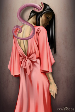 5_fingers black_hair closed_smile clothed clothed_female clothed_humanoid clothing dress exposed_back eyebrows female fingers fully_clothed fully_clothed_female fully_clothed_humanoid hair long_mouth looking_at_viewer looking_back looking_back_at_viewer medium_hair mouth_closed open_mouth pink_clothing pink_dress rear_view simple_background smile smiling_at_viewer solo teeth text christopher_stoll asian_mythology east_asian_mythology feminomicon japanese_mythology mythology futakuchi-onna humanoid yokai 2018 copyright_name digital_drawing_(artwork) digital_media_(artwork) english_text hi_res portrait three-quarter_portrait