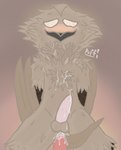 anal anal_penetration balls beak beak_markings blush bodily_fluids brown_body brown_feathers brown_fur chest_tuft cum cum_drip cum_inside cum_on_chest cum_on_chest_fluff dripping duo erection feathers femboy fur genital_fluids genitals hands_behind_back heart_eyes heart_symbol kneeling looking_pleasured looking_up male male/male markings neck_tuft open_mouth penetration sex simple_background smile tail tail_feathers text tuft lustdevil flugsy_(lustdevil) avian bird humanoid owl unknown_species absurd_res hi_res